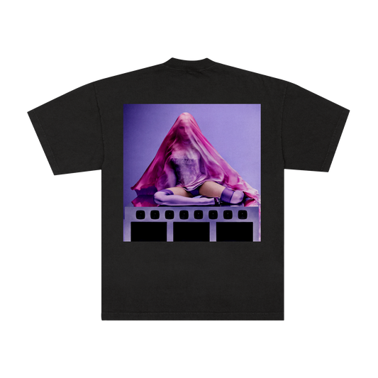 Black t-shirt with a graphic of Madonna's Album cover purple background