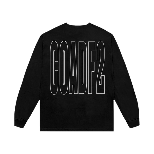 Black long-sleeve shirt with 'COADE2' printed on the back.