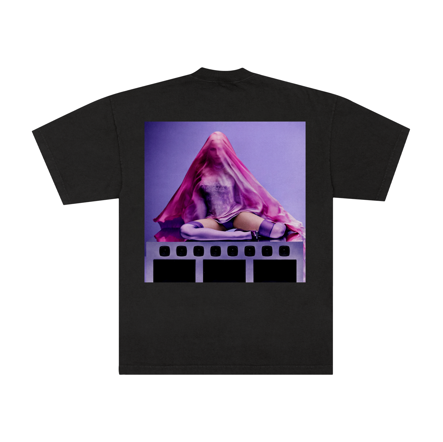 Black t-shirt with a graphic of Madonna's Album cover purple background