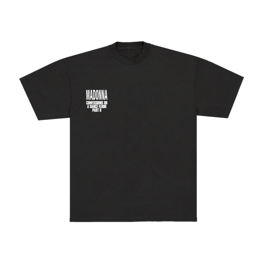 Black t-shirt with Madonna text in white on the right chest area. 