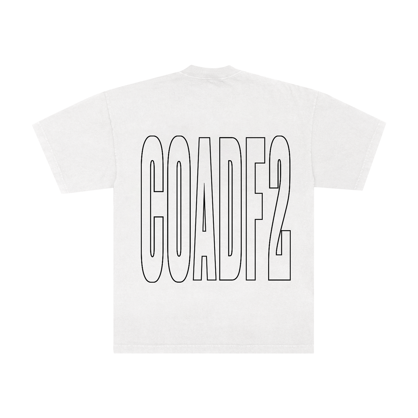 White t-shirt with black text "COADF2" on the back.