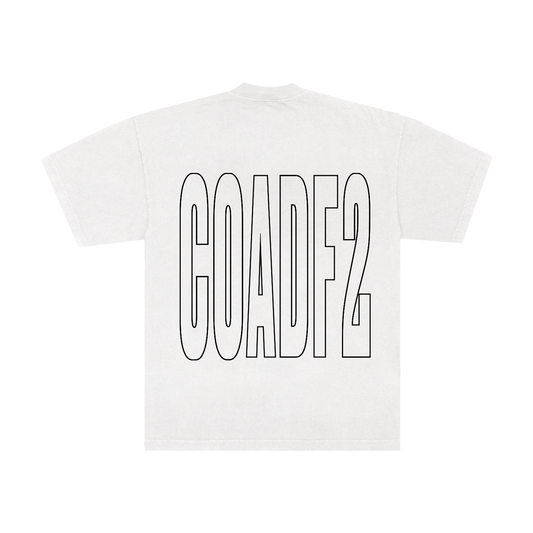 White t-shirt with black text "COADF2" on the back.