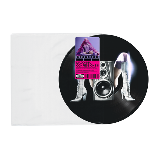 a black picture disc lp with legs and a speaker in the middle of it outside the clear plastic cover.