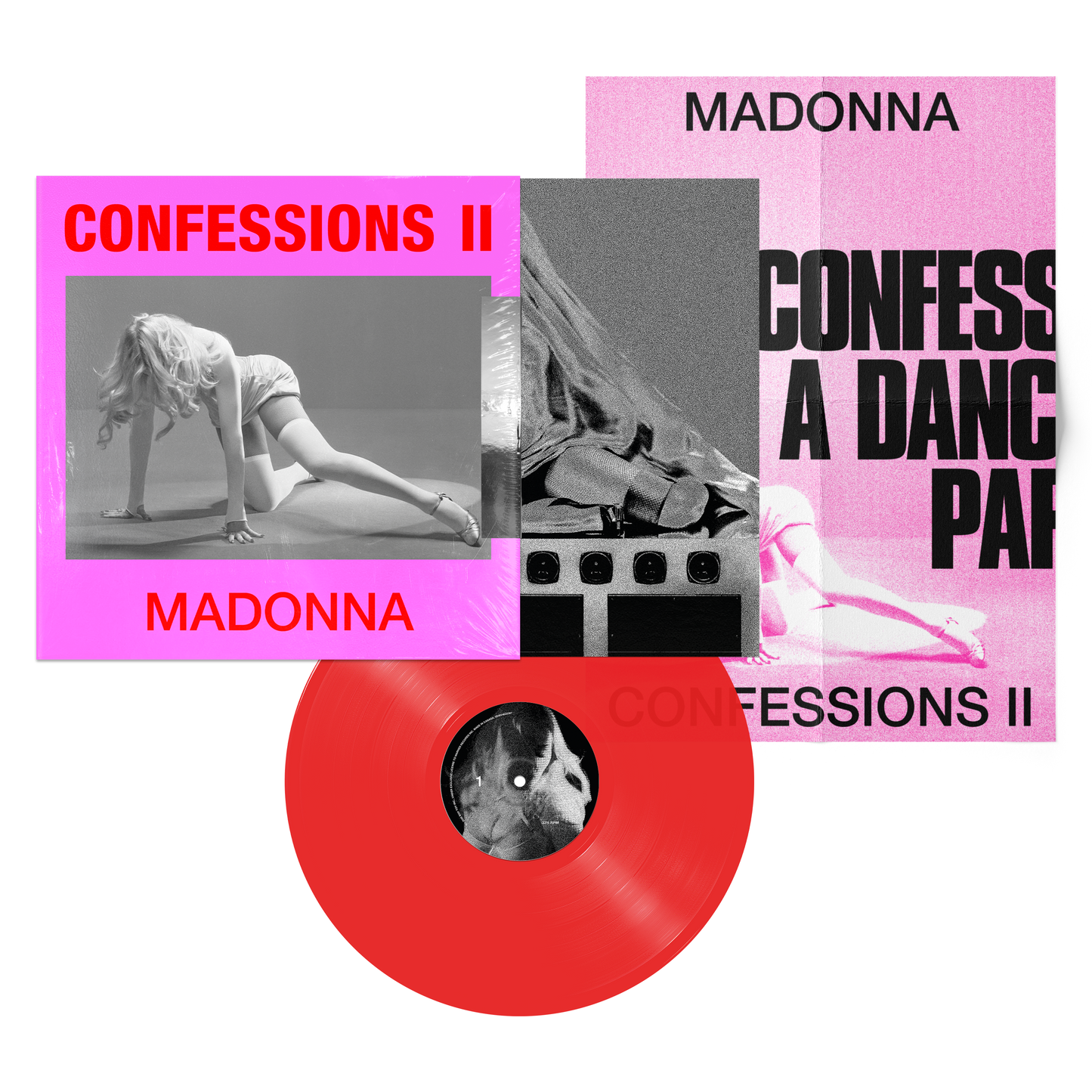 Collage of Madonna album cover and a red vinyl record with a poster.