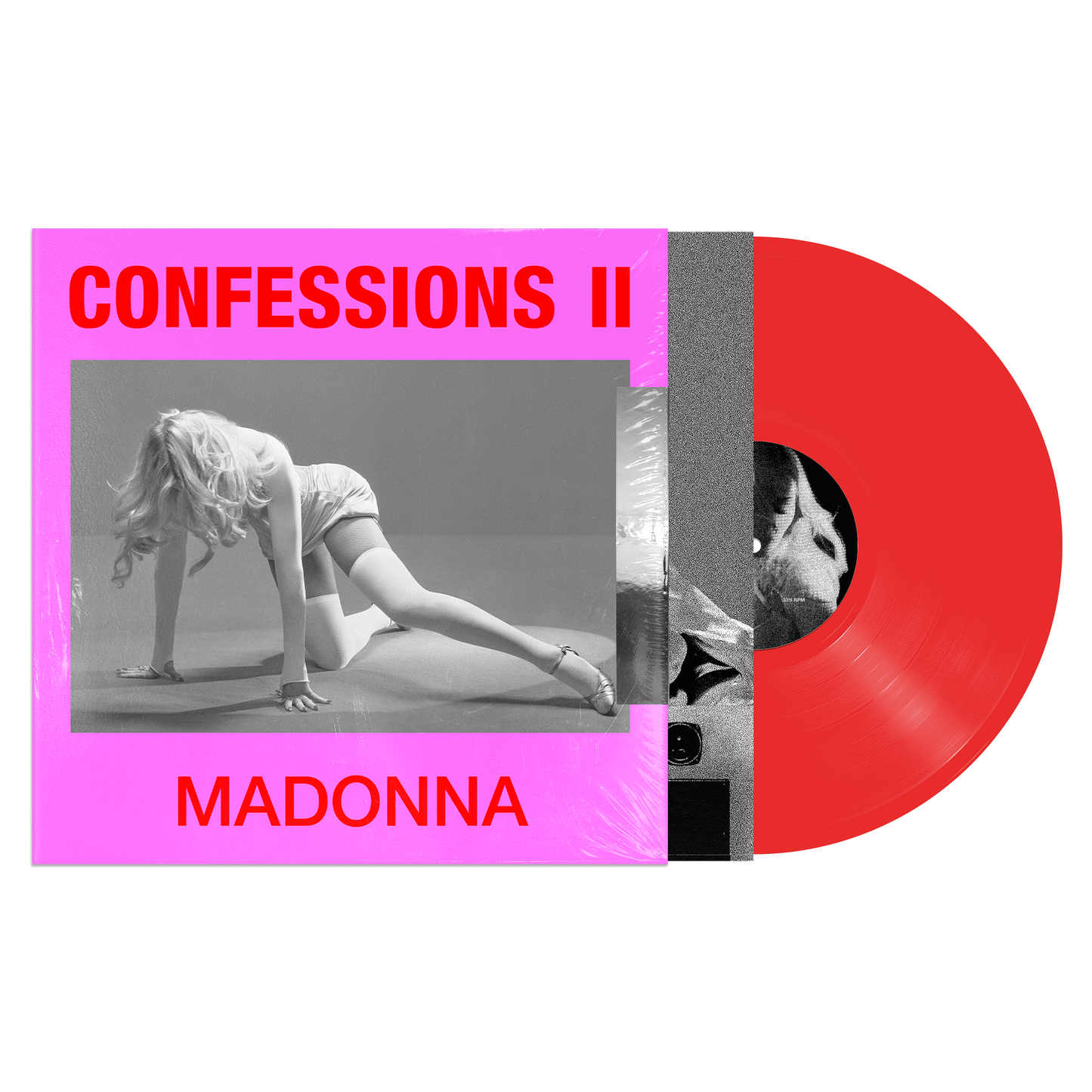 Vinyl record with pink cover featuring a black and white photo of Madonna, text 'Confessions II' and 'Madonna'.
