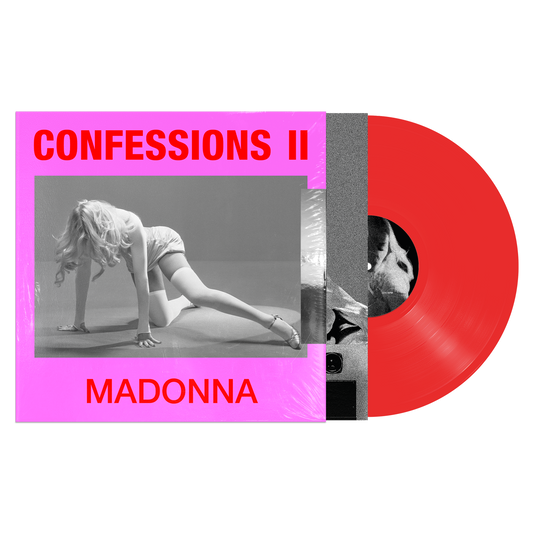 Vinyl record with pink cover featuring a black and white photo of Madonna, text 'Confessions II' and 'Madonna'.