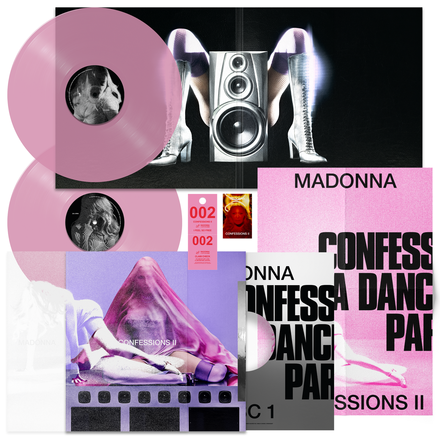Collage of Madonna album covers and a pink vinyl record with a speaker design.
