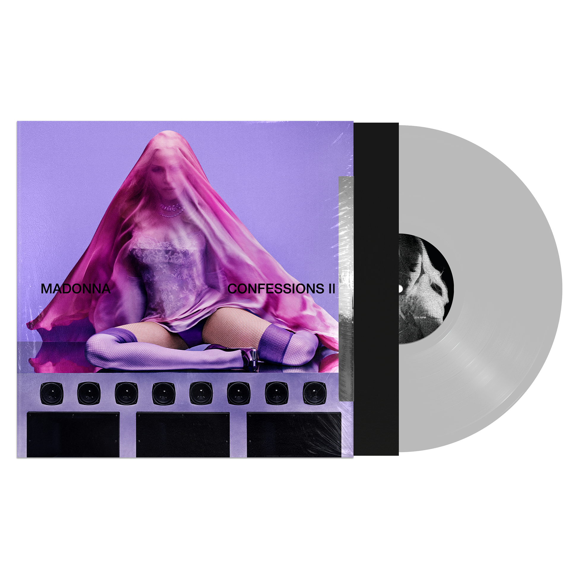 Vinyl record with cover featuring a person in a pink garment on a purple background, labeled 'Madonna Confessions II'.