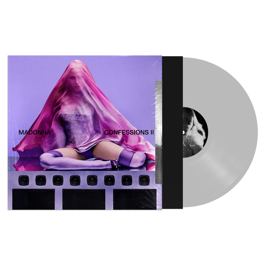 Vinyl record with cover featuring a person in a pink garment on a purple background, labeled 'Madonna Confessions II'.