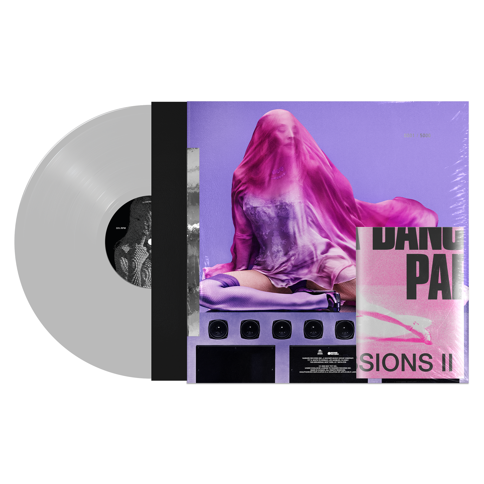 Vinyl record with a cover featuring a person draped in pink fabric on a purple background