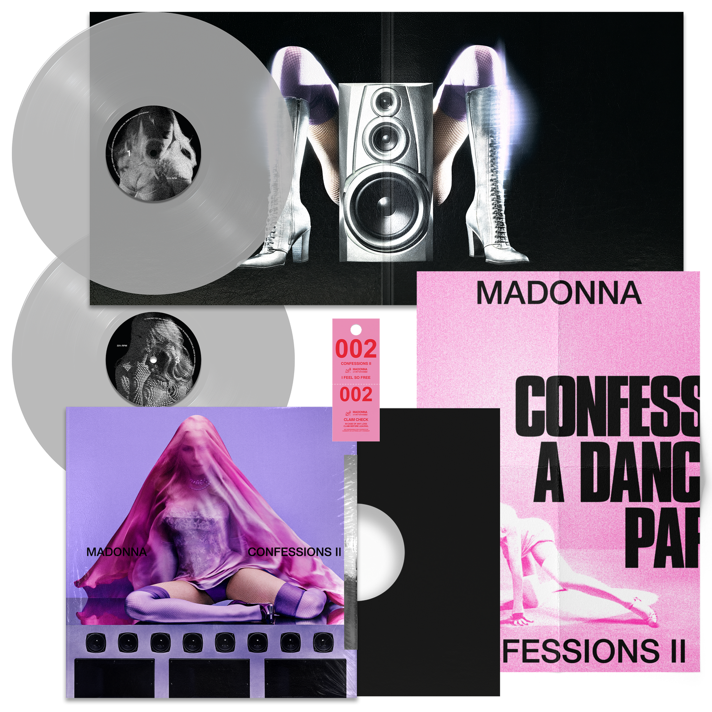 Vinyl records and packaging with 'Madonna' branding on a black background
