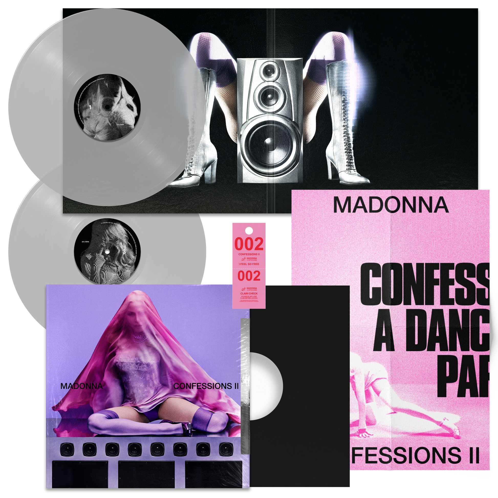 Vinyl records and packaging with 'Madonna' branding on a black background